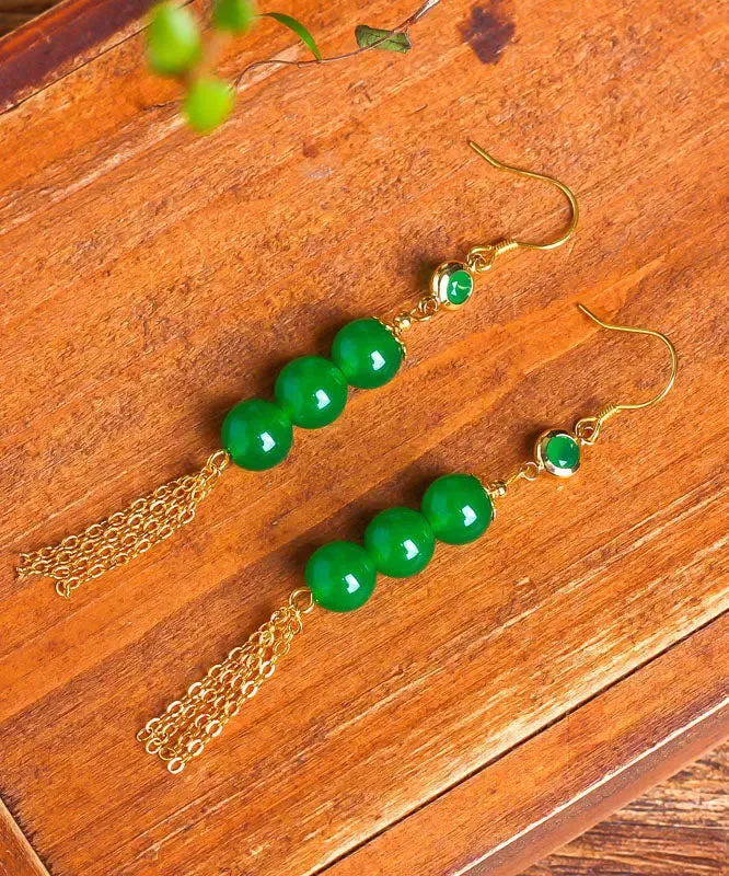 Sterling Silver Overgild 14K Gold Jade Tassel Drop Earrings