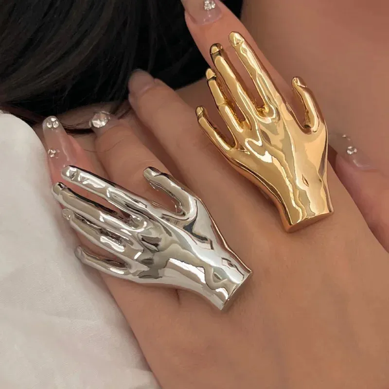 VAIGE Artistic Metal Hand Shaped Finger Rings - Silver and Gold Variants