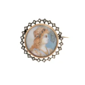 Victorian Era 18KT Yellow Gold And Silver Portrait Diamond Pin