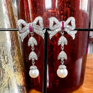 Vintage Ruby & Diamond Bow Drop Earrings