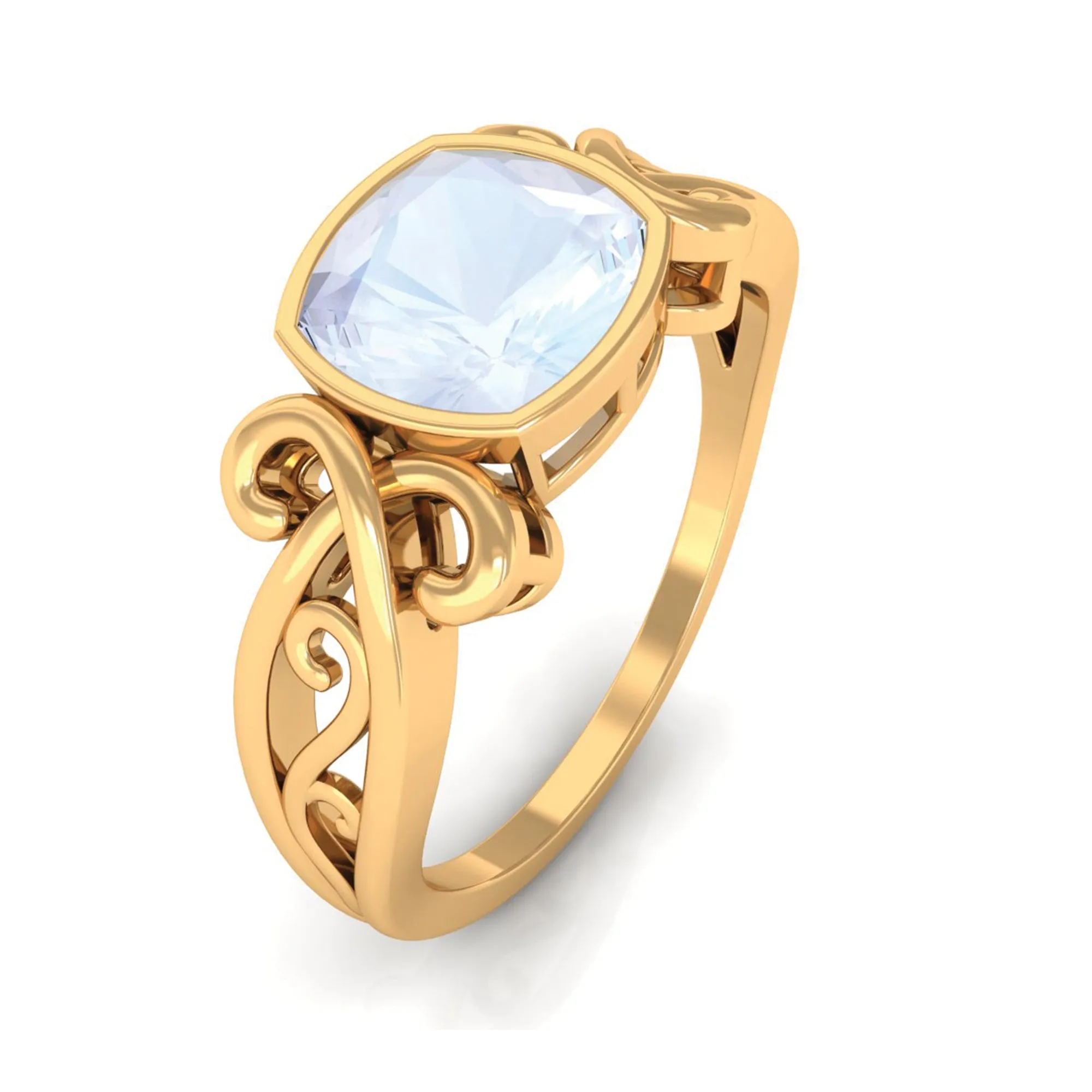 Vintage Style Cushion Cut Moonstone Solitaire Ring in Bezel Setting