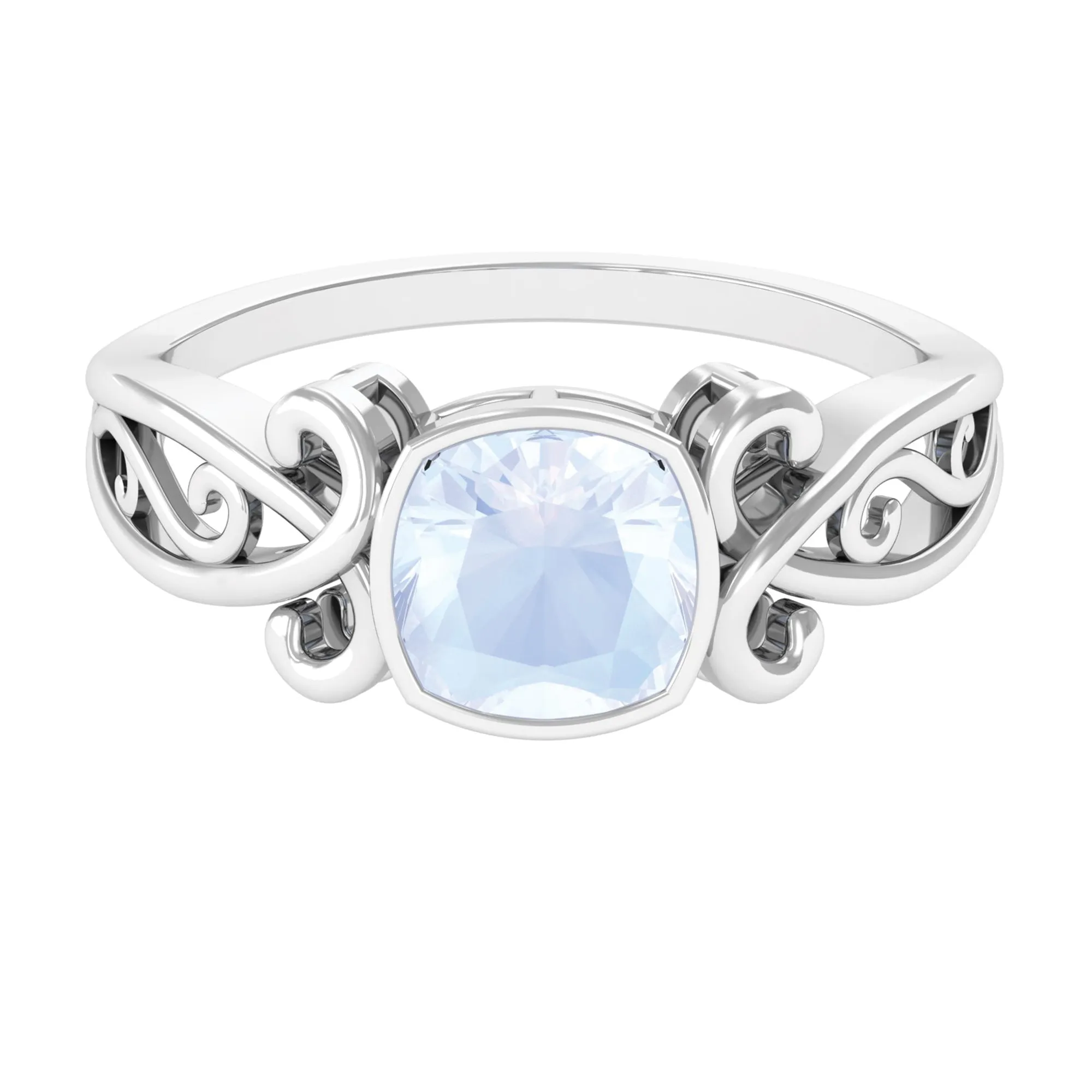 Vintage Style Cushion Cut Moonstone Solitaire Ring in Bezel Setting