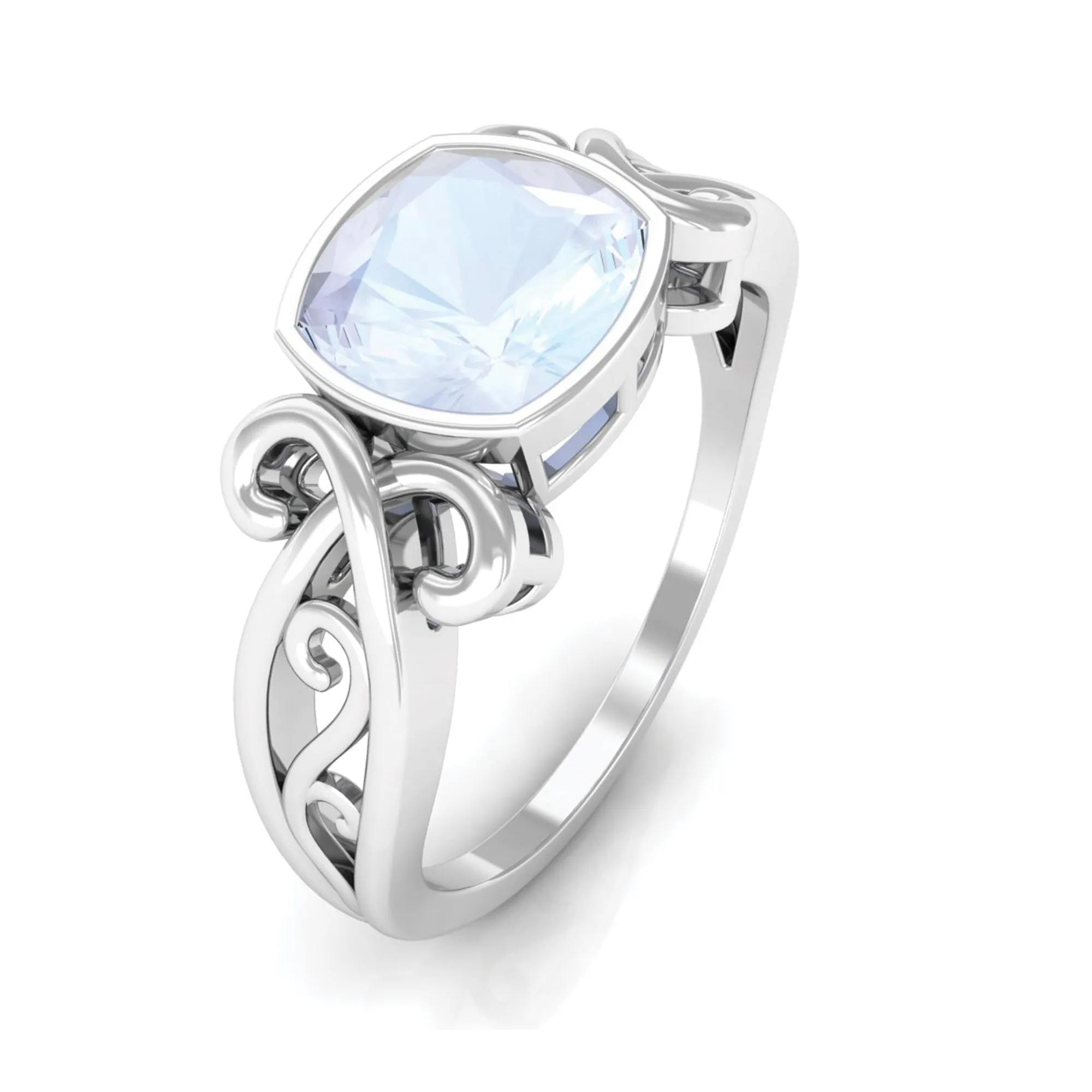 Vintage Style Cushion Cut Moonstone Solitaire Ring in Bezel Setting