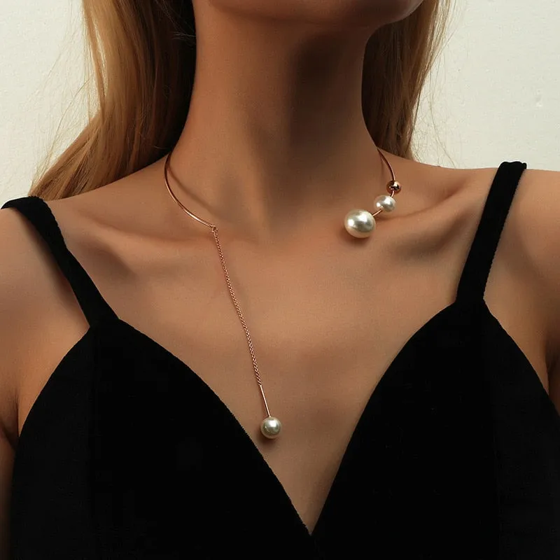 Water-wave Pearl Necklace For Women Charming Big Metal Geometric Statement Collar Necklace