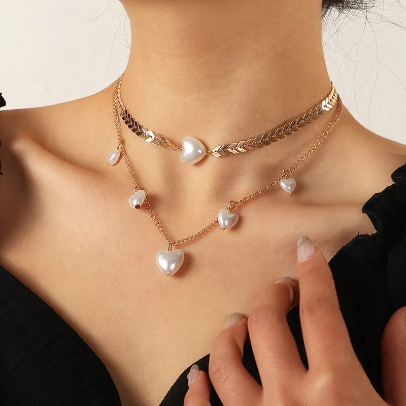 Water-wave Pearl Necklace For Women Charming Big Metal Geometric Statement Collar Necklace