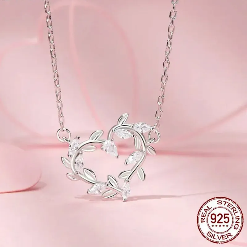 White Gold Plated Infinite Love Necklace for Women, 925 Sterling Silver Leaves Heart Necklace