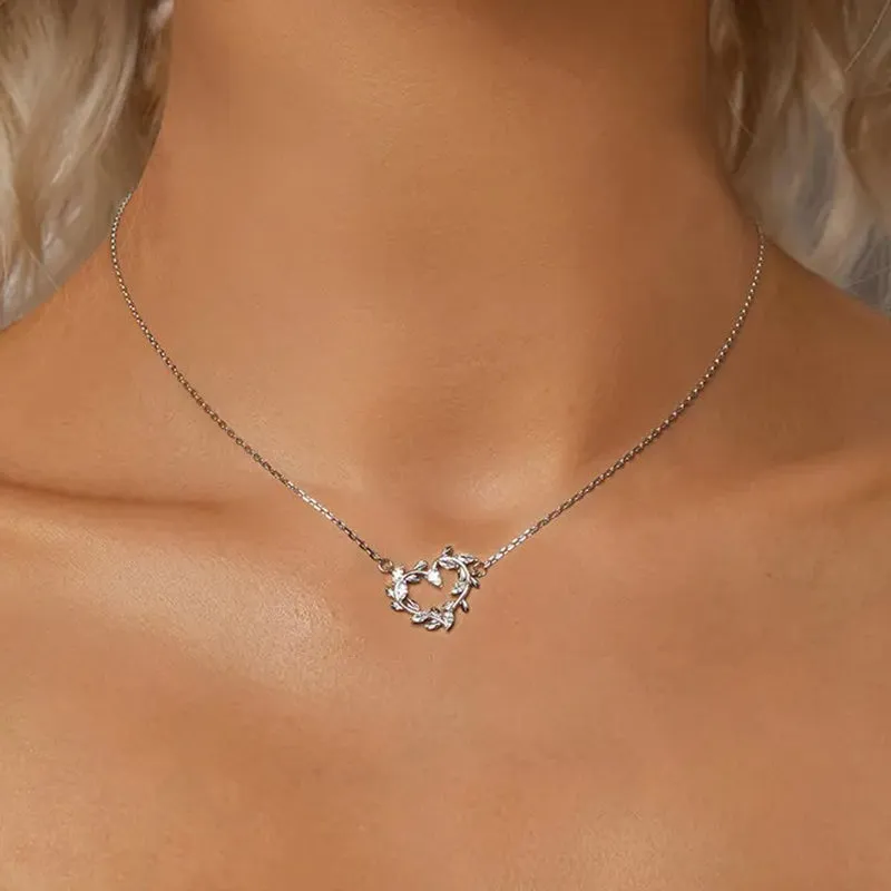 White Gold Plated Infinite Love Necklace for Women, 925 Sterling Silver Leaves Heart Necklace