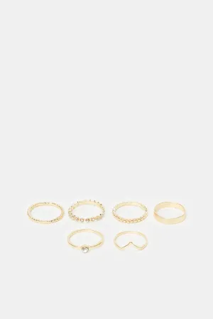 Women Gold Rhinestones Ring Set (Pack of 6)