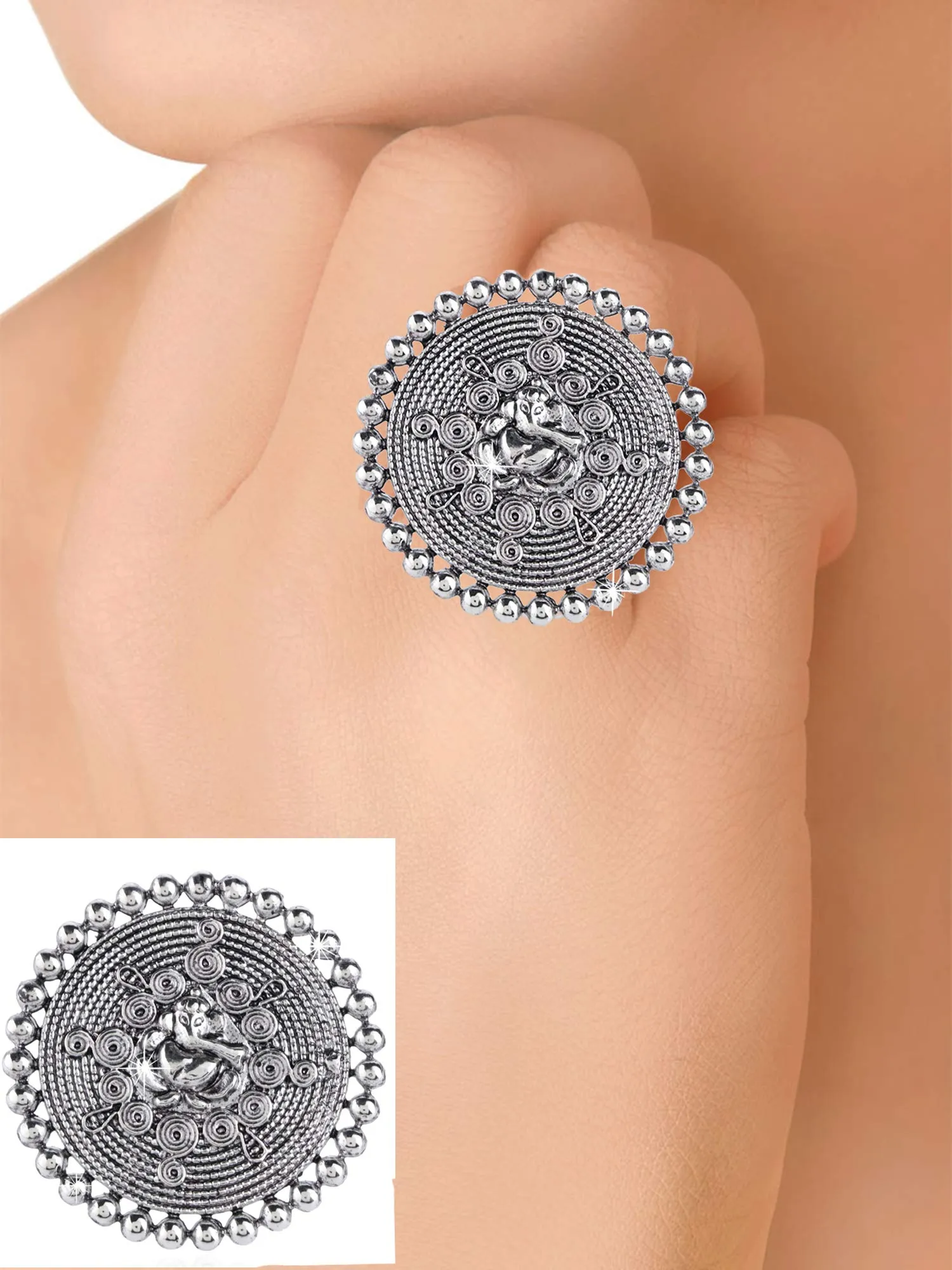 Yellow Chimes 2 PC Combo Artistic Crafted Oxidized Silver Cocktail Rings for Women (Ring Set Combo-5)